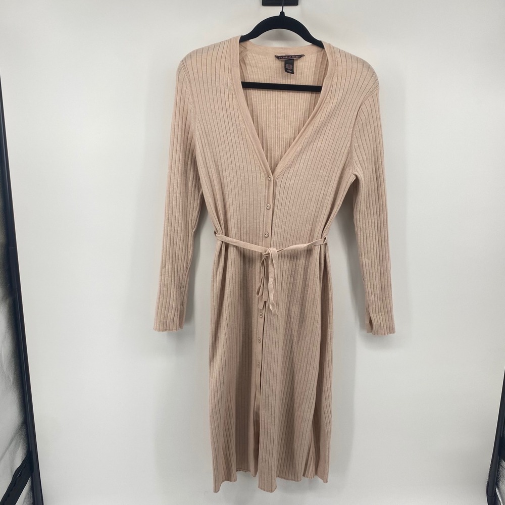Victoria's Secret Cardigan Dress Womens Large Tan Ribbed Knit Tie Waist Longline